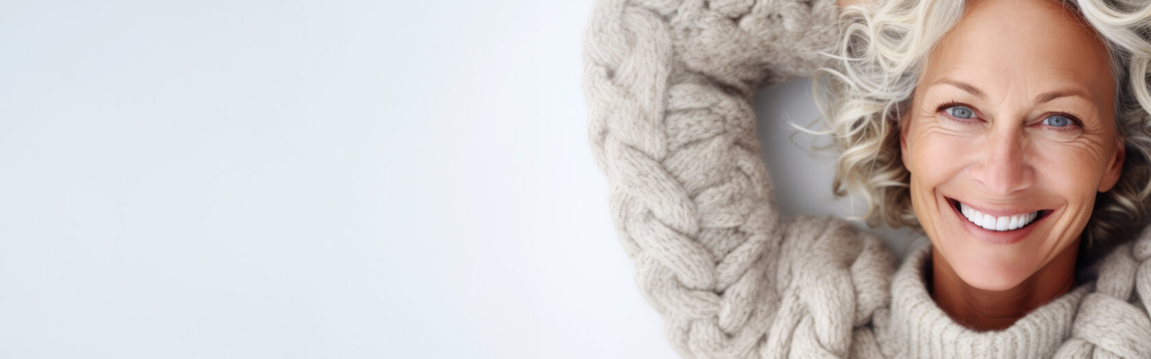 Ältere Frau mit grauen Haaren und jugendlicher Ausstrahlung